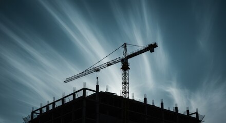 Silhouette of Construction Crane Over Building Under Cloudy Sky