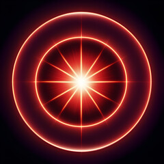 Glowing abstract bright red energy circle with radiating starburst effect, luminous halo on black background, digital light burst explosion illustration concept