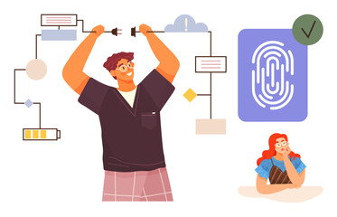 Man connecting wires representing innovation, authentication with fingerprint symbol, and a woman thinking. Ideal for technology, security, brainstorming, teamwork, creativity, problem-solving