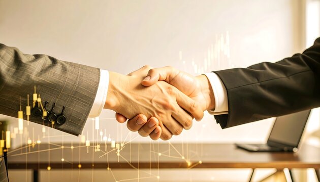 Two business people shake hands, signifying a successful agreement overlaid with financial market data.