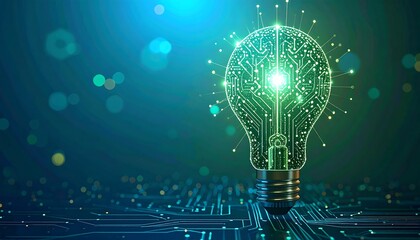 A digital lightbulb design with circuit board patterns highlights innovative technology and futuristic ideas.