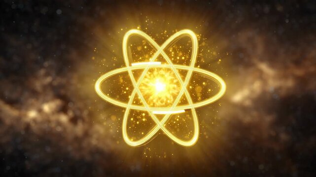 A glowing atom radiating light surrounded by a mystical aura, symbolizing the immense power of the law of attraction, wealth, health, and happiness.