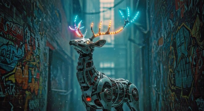 Unique robotic deer with a metallic body and beautiful glowing LED antlers - Powered by Adobe
