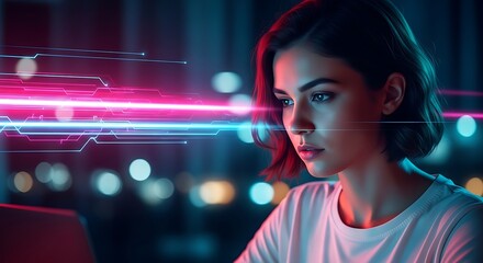Woman focused on glowing digital data streams image
