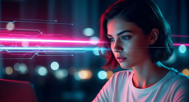 Woman focused on glowing digital data streams image