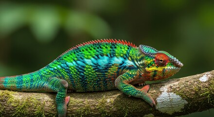 Fototapeta premium Vibrant chameleon on branch in lush forest