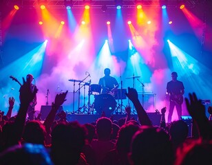 A rock band performing on stage with colorful lights and crowd cheering, energetic vibe, realistic instruments, 4K resolution