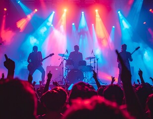A rock band performing on stage with colorful lights and crowd cheering, energetic vibe, realistic instruments, 4K resolution