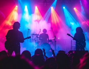 A rock band performing on stage with colorful lights and crowd cheering, energetic vibe, realistic instruments, 4K resolution