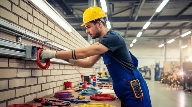 Electrician working diligently on wiring installation in a well-lit workshop filled with tools
