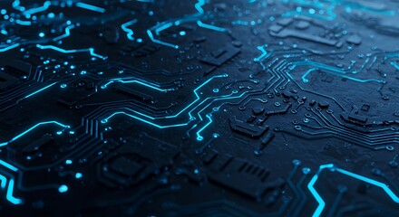 Futuristic glowing blue circuit board background showcasing advanced digital technology and data pathways.