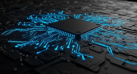 Futuristic technology concept with a powerful central processor unit glowing with blue light on a circuit board