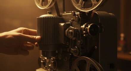 Fototapeta premium Vintage film projector with hand on a dark background showcasing cinematic history and nostalgia.