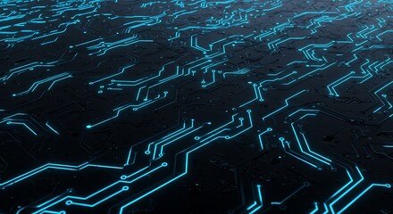 Futuristic digital technology background with glowing blue circuit board pathways representing data processing