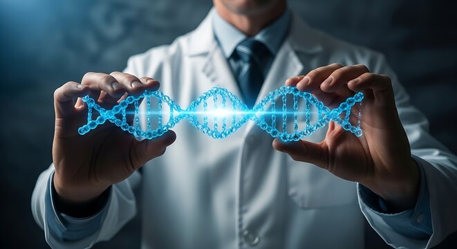 Scientist holding glowing blue D N A helix molecule - Powered by Adobe