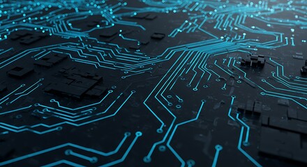 Futuristic glowing blue circuit board with intricate electronic pathways representing the flow of digital data and information.