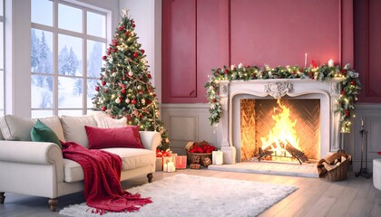 A cozy Christmas living room with a decorated fireplace and a festive Christmas tree, bathed in warm, inviting light.