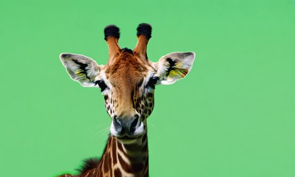 Close-up of giraffe head moving against green screen, 4K high resolution video, suitable for wildlife documentaries, zoo advertisements, educational use, and kids content.