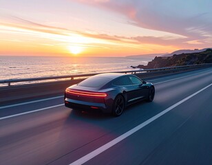 A sleek electric car driving on a coastal highway at sunset, ocean views and motion blur, modern and eco-friendly, ultra-detailed, 4K resolution