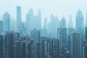 Fototapeta premium Urban Skyline with Fog and Mist Over Tall Buildings and Towers