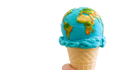 Earth Shaped Ice Cream Cone is Held Against Transparent Background in Studio Shot