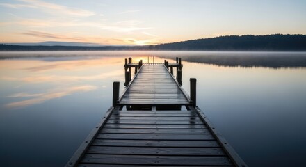 A serene sunrise over a calm lake with a wooden dock extending into the water, reflecting the soft light and creating a peaceful, tranquil scene