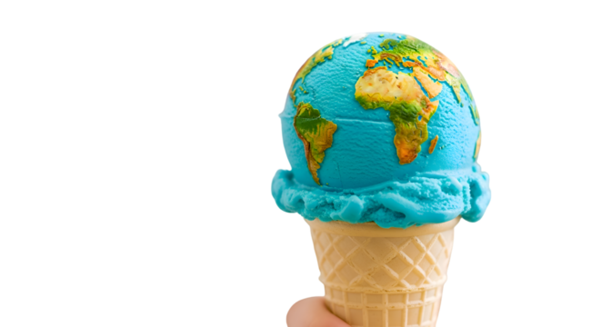 Earth Shaped Ice Cream Cone is Held Against Transparent Background in Studio Shot