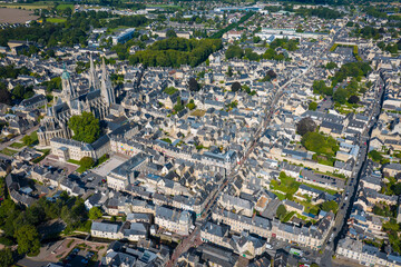 Aerial view above the city of Bayeux in Normandy France at sunrise