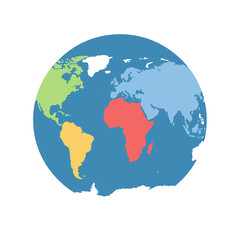 World globe with continents in different colors on a white background.