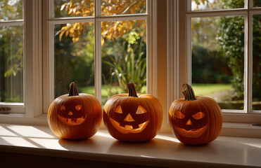 Obraz premium Festive Halloween pumpkin display with carved orange gourds and seasonal autumn decorations perfect for fall celebrations and holiday decor