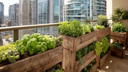 Urban balcony garden with wooden planters and thriving plants  