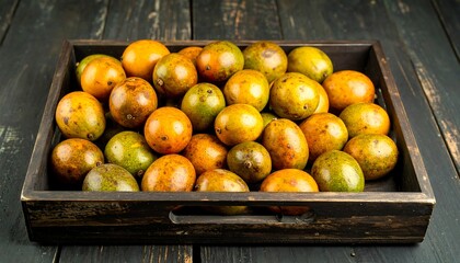 A wooden tray filled with many colorful, round fruits, displaying a mix of orange and green hues.