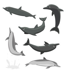Spinner Dolphin Poses Jumping Set Cartoon Vector