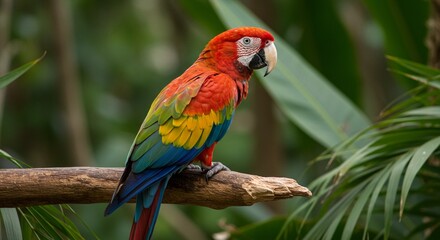Obraz premium A vibrant parrot perched on a tropical branch surrounded by lush rainforest