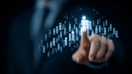 Businessman Engaging Customer Icon with Holographic CRM System