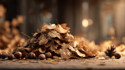 A cozy Thanksgiving holiday table setting with autumn leaves and acorns in a warm, rustic scene.