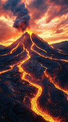 Erupting volcano at sunset with flowing lava cascading down the mountainside towards the sea