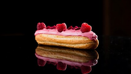 Elegant pink-iced eclair with fresh raspberries on a reflective black surface with dramatic lighting.