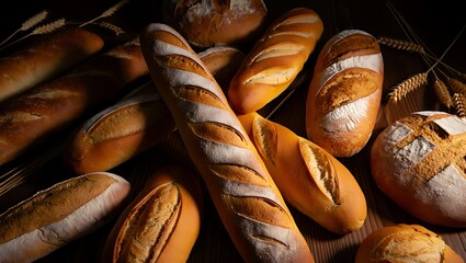 Dramatically lit assortment of freshly baked golden baguettes and artisan bread loaves on a dark rustic wooden table.
