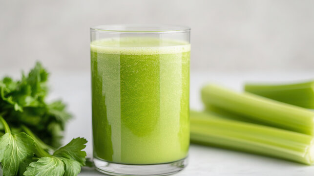 Delicious slow-cooked beef with potatoes and fresh green juice served alongside celery on a white background. green fresh juice celery, kiwi, cucumber, apple