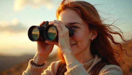 Young woman with red hair observes through binoculars at sunset. She smiles, wearing a sweater and backpack. The background shows a blurred landscape with warm lighting.