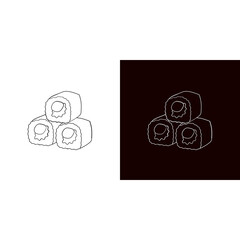 A minimalist line art of three stacked sushi rolls is presented on both a white and a black background. The simple design captures the recognizable shape of the Japanese delicacy