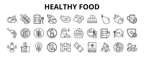 30 Healthy Food Line Icons Vector - Avocado, Organic Food, Seafood, Non GMO, Low Sugar, Immune Boosting