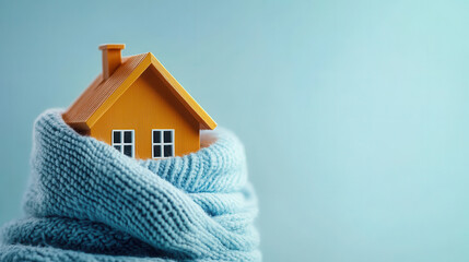 Light blue house statuette wrapped in soft scarf against calming background,  Concept of the heating system in a winterized house. keeping warm in the house	