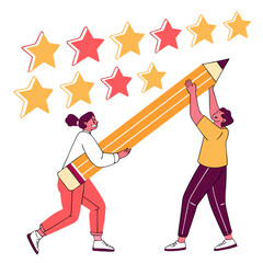 Two people holding a giant pencil with stars above them, representing customer satisfaction and positive feedback