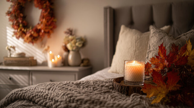 Cozy autumn bedroom scene with warm lighting and fall decor.