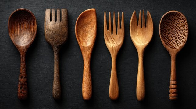 Six handcrafted wooden spoons and forks arranged on a dark surface - Powered by Adobe