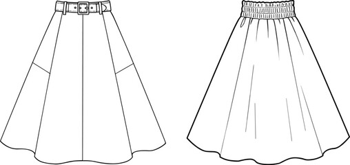 Fashion skirt technical flat, vector illustration, CAD drawing, detailed sewing sketch, fashion design template, front and back skirt view
