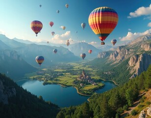 Fototapeta premium Colorful hot air balloons ascend over rich green valleys, serene lakes, majestic mountains under bright blue sky. Experience adventure, explore countryside panoramas from high altitude, offering