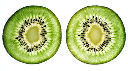 Fototapeta premium Fresh kiwi slices showcasing vibrant green flesh and tiny black seeds on a clean white surface.